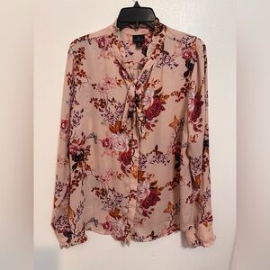 Worthington Multicolor Floral Blouse with Tie Neck